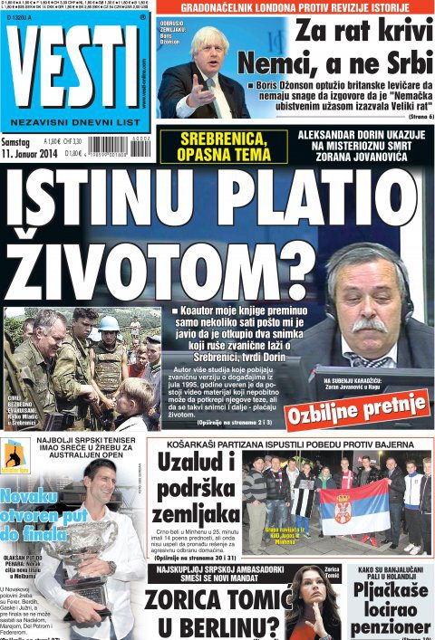 Die grösste serbische Diasporazeitung Vesti berichtete auf der Titelseite über den mysteriösen Tod von Zoran Jovanović
